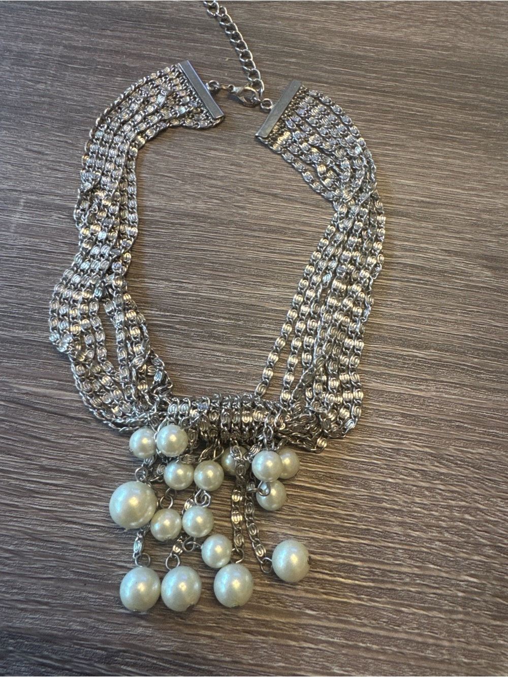 Vintage Silver Tone 20 Strand Choker Necklace 13” + 2” Ext.  W/ Faux Pearls